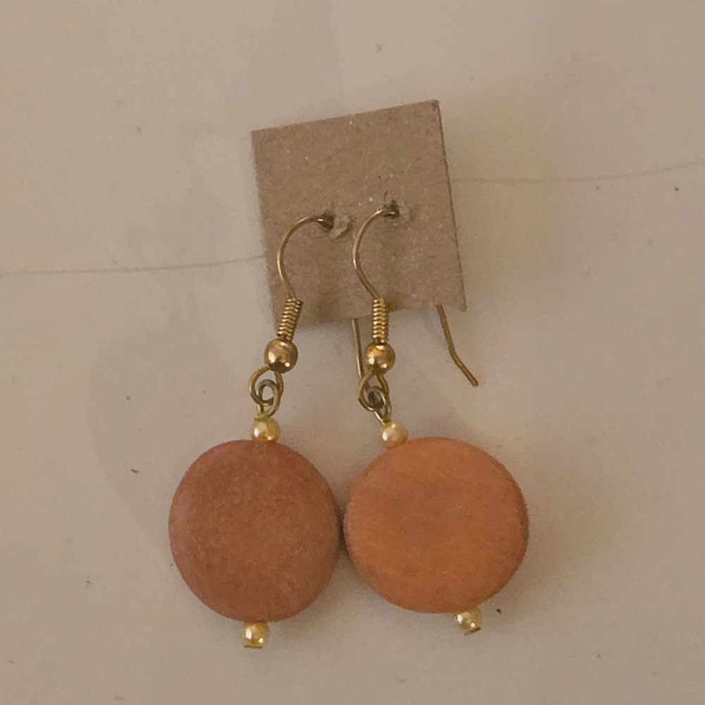 Handmade Terracotta Wood Disc Drop Earrings Gold Tone Boho Dangle Jewelry 1.5"